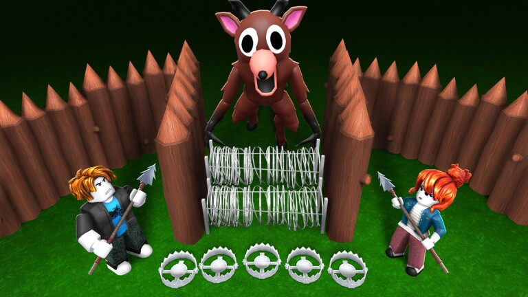 99 Nights in the Forest Roblox thumbnail showing players defending a camp from the forest creature