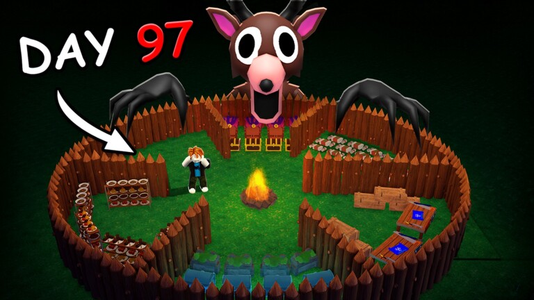 99 Nights in the Forest Roblox thumbnail showing a late-run camp layout with crops, chests, and defenses