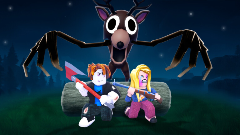 99 Nights in the Forest Roblox thumbnail showing two players hiding from the forest creature at night